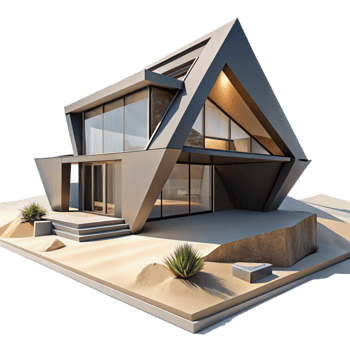 beautiful creative Ultramodern desert home, sharp angles, concrete and glass, harsh midday sun, minimalist, photorealistic render, professional png