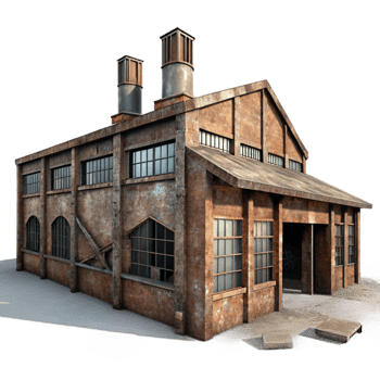 elegant modern An abandoned industrial factory, rusty metal and broken windows, dim light filtering through dust, gritty, photorealistic, genuine png
