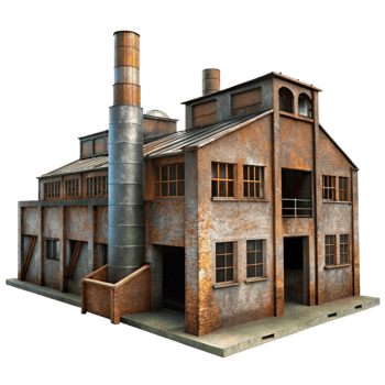 beautiful minimalist An abandoned industrial factory, rusty metal and broken windows, dim light filtering through dust, gritty, photorealistic, high resolution png