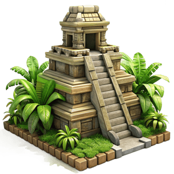 elegant rustic An ancient Mayan temple, intricate carvings, overgrown with jungle foliage, dappled sunlight, historical, realistic, genuine png