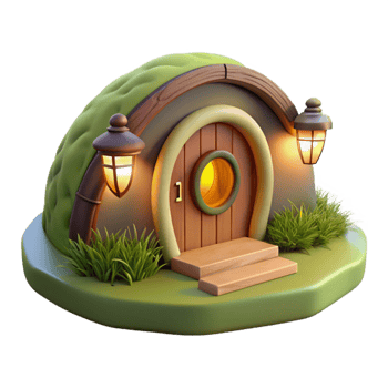 vibrant abstract A hobbit hole built into the side of a grassy hill, warm inviting light from within, whimsical, storybook illustration, high quality png