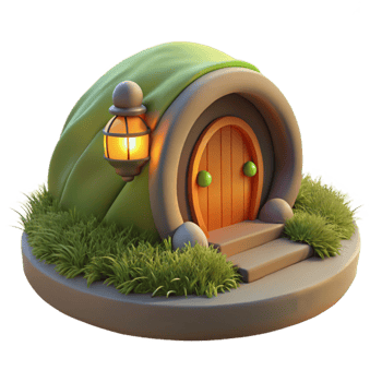 wonderful rustic A hobbit hole built into the side of a grassy hill, warm inviting light from within, whimsical, storybook illustration, professional png