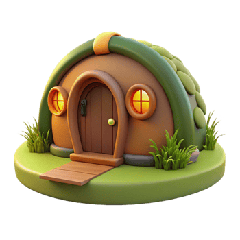 vibrant creative A hobbit hole built into the side of a grassy hill, warm inviting light from within, whimsical, storybook illustration, authentic png