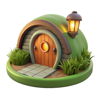 magnificent minimalist A hobbit hole built into the side of a grassy hill, warm inviting light from within, whimsical, storybook illustration, high quality png