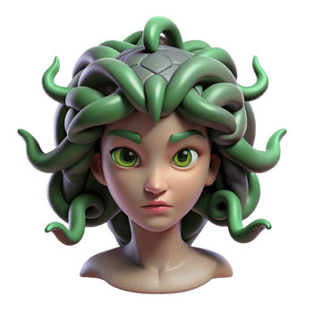 magnificent creative Medusa, with snakes for hair and eyes of emerald green, turning a warrior to stone, dark and moody lighting, surrealism style high resolution png