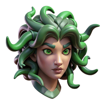 magnificent creative Medusa, with snakes for hair and eyes of emerald green, turning a warrior to stone, dark and moody lighting, surrealism style detailed png