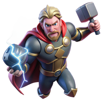 serene classic Thor wielding Mjolnir, lightning crackling around him, dramatic and dynamic lighting, comic book style detailed png