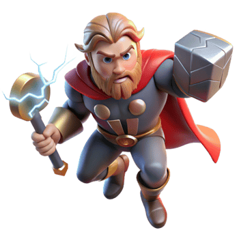 vibrant minimalist Thor wielding Mjolnir, lightning crackling around him, dramatic and dynamic lighting, comic book style original png