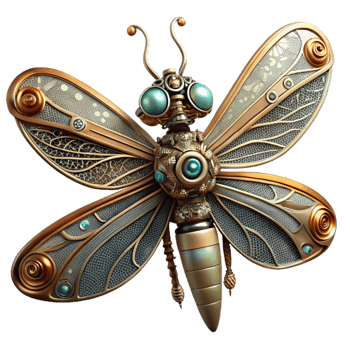 elegant traditional A steampunk dragonfly automaton, delicate filigree wings, gears and springs visible, soft, ethereal lighting, art deco style detailed png