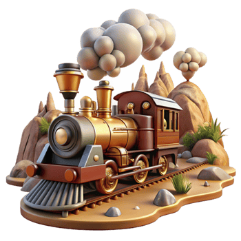 serene modern A steampunk train speeding through a desert landscape, billowing steam, brass and copper details, dynamic lighting, cinematic style high resolution png