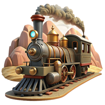 extraordinary artistic A steampunk train speeding through a desert landscape, billowing steam, brass and copper details, dynamic lighting, cinematic style professional png