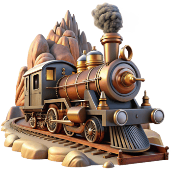 elegant rustic A steampunk train speeding through a desert landscape, billowing steam, brass and copper details, dynamic lighting, cinematic style original png