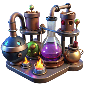impressive creative A steampunk laboratory filled with bubbling beakers, strange devices, and glowing tubes, dimly lit, mysterious atmosphere high resolution png