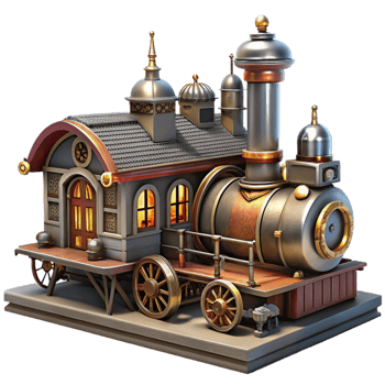 wonderful classic A bustling steampunk train station with intricate ironwork and steam powered machinery, warm, industrial lighting, Art Deco style original png