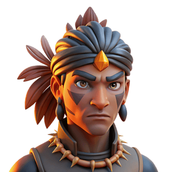 elegant contemporary Portrait of a tribal warrior with intricate facial tattoos, a fierce expression, and a feathered headdress, illuminated by the warm glow of a bonfire, in a stylized, graphic... png