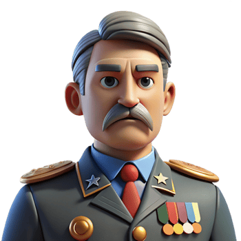 vibrant artistic A portrait of a stern faced general with a distinguished grey mustache, numerous medals pinned to their uniform, and a resolute gaze, lit by harsh, direct light, in a... png