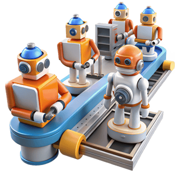 beautiful rustic 3D Render of Robots on Assembly Line original png