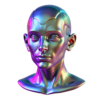 beautiful creative A holographic projection of a human face glitching and distorting, illuminated by harsh, flickering neon lights. Cyberpunk, dystopian style high quality png