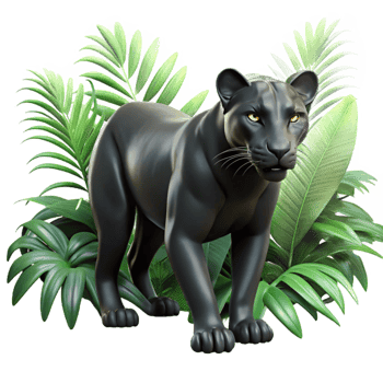 stunning artistic A sleek black panther prowling through dense jungle foliage, dappled sunlight filtering through the leaves, dramatic and cinematic lighting, hyperrealistic style 4K png