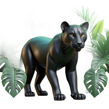 serene modern A sleek black panther prowling through dense jungle foliage, dappled sunlight filtering through the leaves, dramatic and cinematic lighting, hyperrealistic style premium png