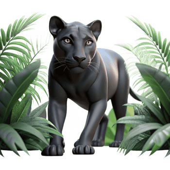 dramatic minimalist A sleek black panther prowling through dense jungle foliage, dappled sunlight filtering through the leaves, dramatic and cinematic lighting, hyperrealistic style exclusive png