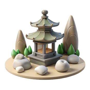 dramatic traditional 3D Cartoon Pagoda Garden Illustration premium png