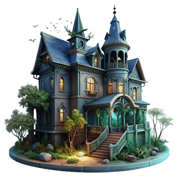 extraordinary abstract Abandoned Victorian mansion, overgrown with ivy, dimly lit by moonlight, spooky atmosphere, gothic horror style, digital painting, exclusive png