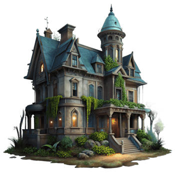 extraordinary abstract Abandoned Victorian mansion, overgrown with ivy, dimly lit by moonlight, spooky atmosphere, gothic horror style, digital painting, genuine png