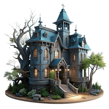 stunning contemporary Abandoned Victorian mansion, overgrown with ivy, dimly lit by moonlight, spooky atmosphere, gothic horror style, digital painting, high quality png