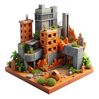 extraordinary traditional Post apocalyptic cityscape, ruined buildings, overgrown with vegetation, orange and red color palette, desolate atmosphere, digital painting, high quality png