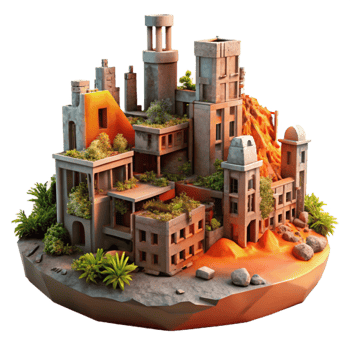 extraordinary classic Post apocalyptic cityscape, ruined buildings, overgrown with vegetation, orange and red color palette, desolate atmosphere, digital painting, genuine png