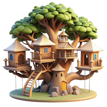 wonderful traditional Treehouse village, interconnected wooden structures, nestled in a giant tree, dappled sunlight, fantasy art, whimsical, professional png