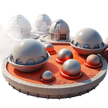 elegant creative Martian colony, futuristic habitats, red dust landscape, harsh sunlight, science fiction style, photorealistic, detailed png