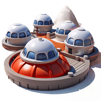 stunning minimalist Martian colony, futuristic habitats, red dust landscape, harsh sunlight, science fiction style, photorealistic, premium png