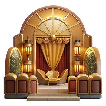 extraordinary modern Art Deco cinema interior, geometric patterns, gold and velvet details, warm lighting, luxurious atmosphere, art deco style, detailed png