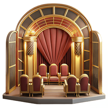 impressive creative Art Deco cinema interior, geometric patterns, gold and velvet details, warm lighting, luxurious atmosphere, art deco style, high quality png