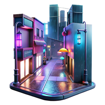 magnificent creative Cyberpunk street scene, holographic advertisements, neon lights, rainy night, gritty style, digital painting, exclusive png