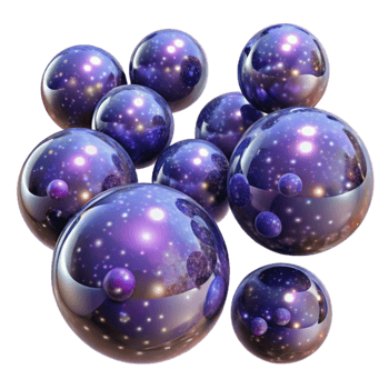 beautiful rustic A field of floating, translucent spheres, each containing a miniature galaxy, illuminated by starlight, rendered in a cosmic horror style high quality png