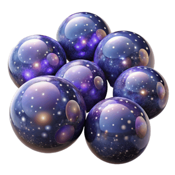 vibrant minimalist A field of floating, translucent spheres, each containing a miniature galaxy, illuminated by starlight, rendered in a cosmic horror style genuine png