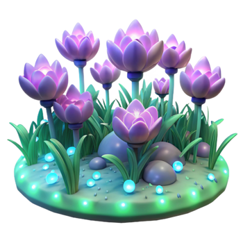 vibrant minimalist A field of blooming, bioluminescent flowers, emitting a soft, otherworldly glow, rendered in a fantasy art style professional png