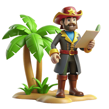 dramatic classic 3D Cartoon Pirate with Map on Tropical Island high resolution png