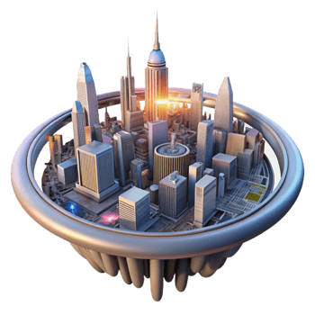 stunning modern A futuristic city built on a giant, orbiting ring, science fiction style, sunset lighting high resolution png