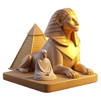 magnificent minimalist A mysterious sphinx with the body of a lion and the head of a woman, gazing enigmatically at a distant pyramid, bathed in the golden light of dawn.... png