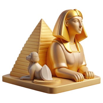 dramatic modern A mysterious sphinx with the body of a lion and the head of a woman, gazing enigmatically at a distant pyramid, bathed in the golden light of dawn. Ancient, symbolic style high quality png