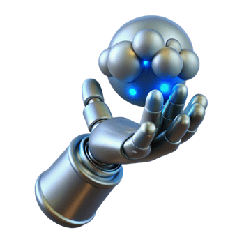 stunning modern A giant, metallic hand reaching down from the clouds, holding a glowing orb of data, epic scale, dramatic lighting 4K png