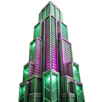 extraordinary artistic A towering Art Deco skyscraper made entirely of interconnected circuit boards, pulsing with neon pink and green energy, viewed from a low angle, cinematic lighting professional png