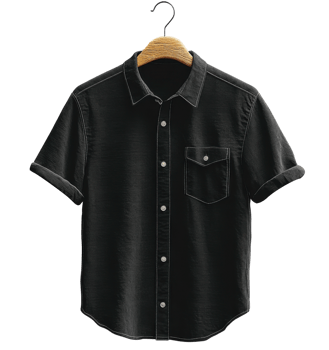 Shirt on hanger, short sleeves, casual style, black color, front pocket, clothing design, fashion illustration png