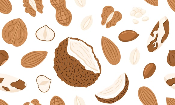 Assorted nuts and seeds seamless pattern. Walnut, almond, hazelnut, peanuts dry, pistachio, coconut, macadamia and sunflower seed. Vegan food ingredients background. illustration vector