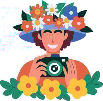 Smiling photographer wearing spring hat, flat character illustration vector
