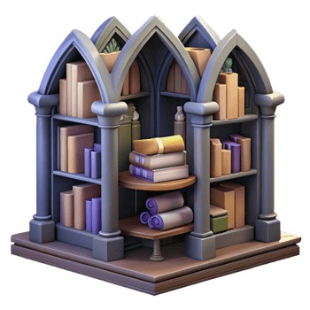 serene rustic Gothic Bookcase 3D Illustration premium png